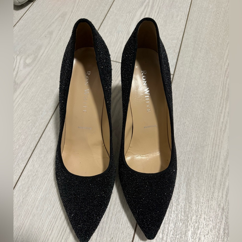 Ron White Cindy black glitter heels 39 pumps leather Italy wedding party sparkle